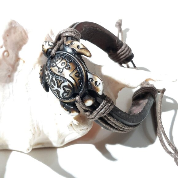 Leather Turtle Shambala Bracelet Unisex Adjustable Brown Resin NWOT - Picture 3 of 6